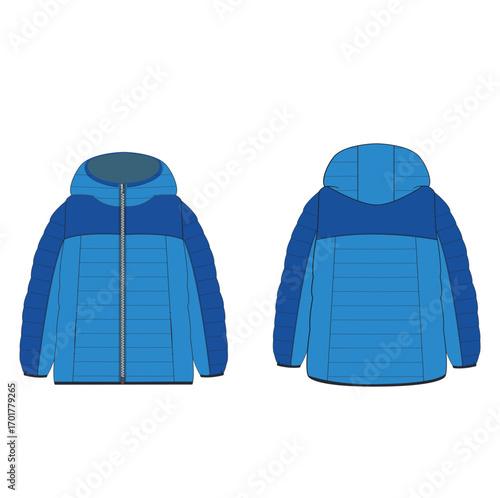 Unisex quilted padded Jacket technical fashion Illustration. Hooded down Jacket technical drawing template