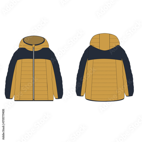 Unisex quilted padded Jacket technical fashion Illustration. Hooded down Jacket technical drawing template