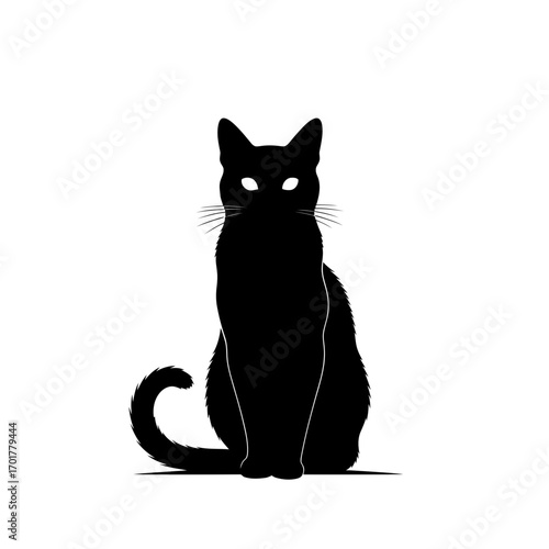 Vector art of silhouette of a black cat sitting upright with glowing eyes