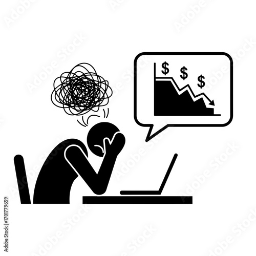 Vector art of black silhouette of a stressed person sitting at a desk with a laptop, looking at a falling graph
