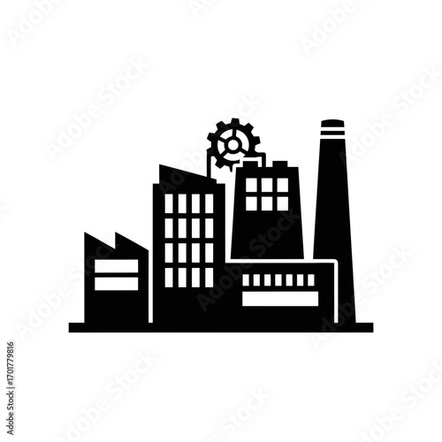 Vector art of black silhouette of a factory with a smokestack and gear, representing industry and manufacturing