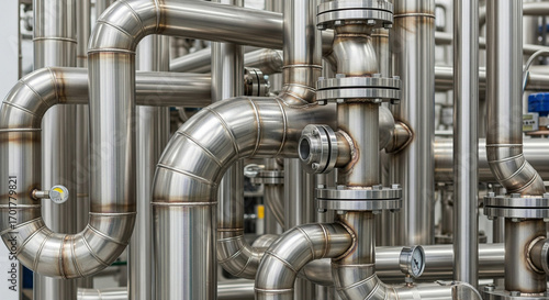 A detailed close-up of a complex maze of stainless steel pipes in a modern industrial setting. The pipes, with their smooth, polished surfaces and intricate bends, connect with various flanges