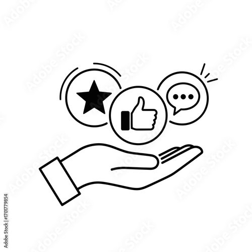 Vector art of line art illustration of a hand holding icons representing customer satisfaction a star, a thumbsup, and a speech bubble