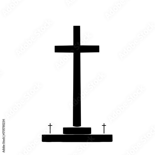 Vector art of a black silhouette of a large cross with two smaller crosses at its base, representing faith and spirituality, isolated on a