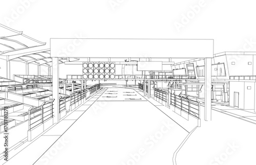 A detailed black and white architectural drawing of a building interior with numerous windows, doors, walls, and ceiling contours resembling a race track landscape.