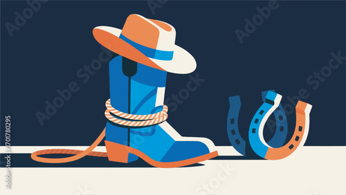 illustration of cowboy boots and hat with a lasso looped around them vector design template