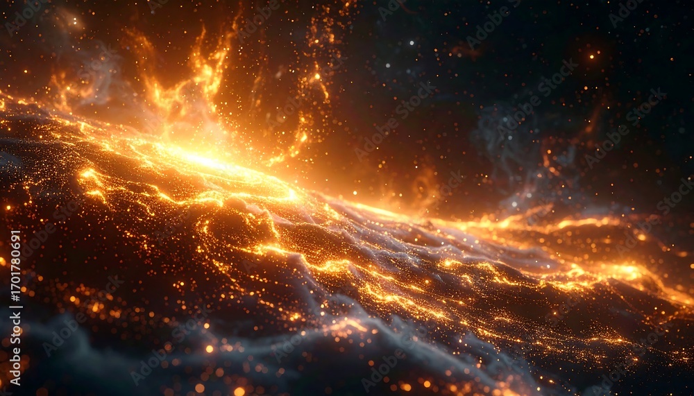 Naklejka premium Fiery Cosmic Landscape with Streaks of Light and Energy.