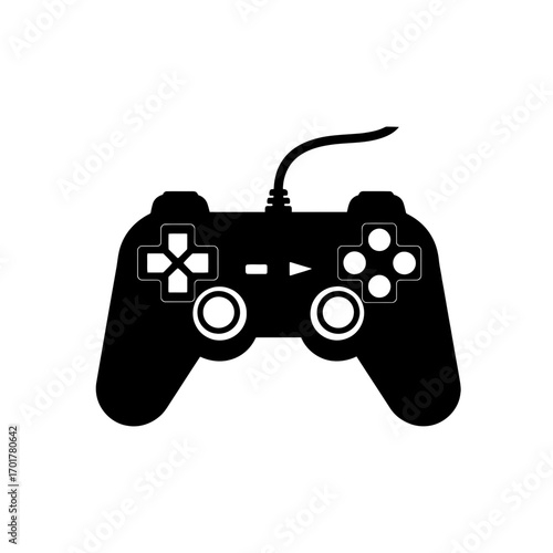 Vector art of black silhouette of a video game controller with a cord, isolated on a, representing gaming and entertainment