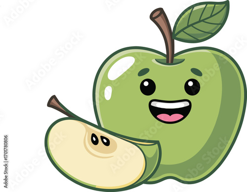 Adorable Cartoon Green Apple Character with a Slice of Apple Showing its Healthy Texture and Seeds A Whimsical Representation of Fresh Fruit for Educational and Entertainment Purposes