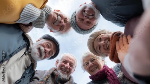 A Circle of Joy: A heartwarming moment captured from a unique perspective as a group of senior citizens huddle together, smiling warmly, and radiating joy. A celebration of community and togetherness.
