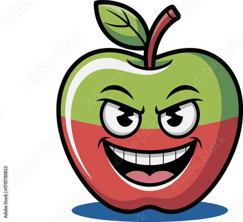 A mischievous cartoon apple with a sinister grin and a devilish expression on its face its eyes are wide with excitement and a playful yet wicked smirk across its mouth