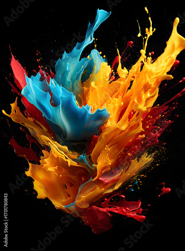 Bright splashes of paint create an energetic explosion in a dynamic abstract composition full of motion and color
