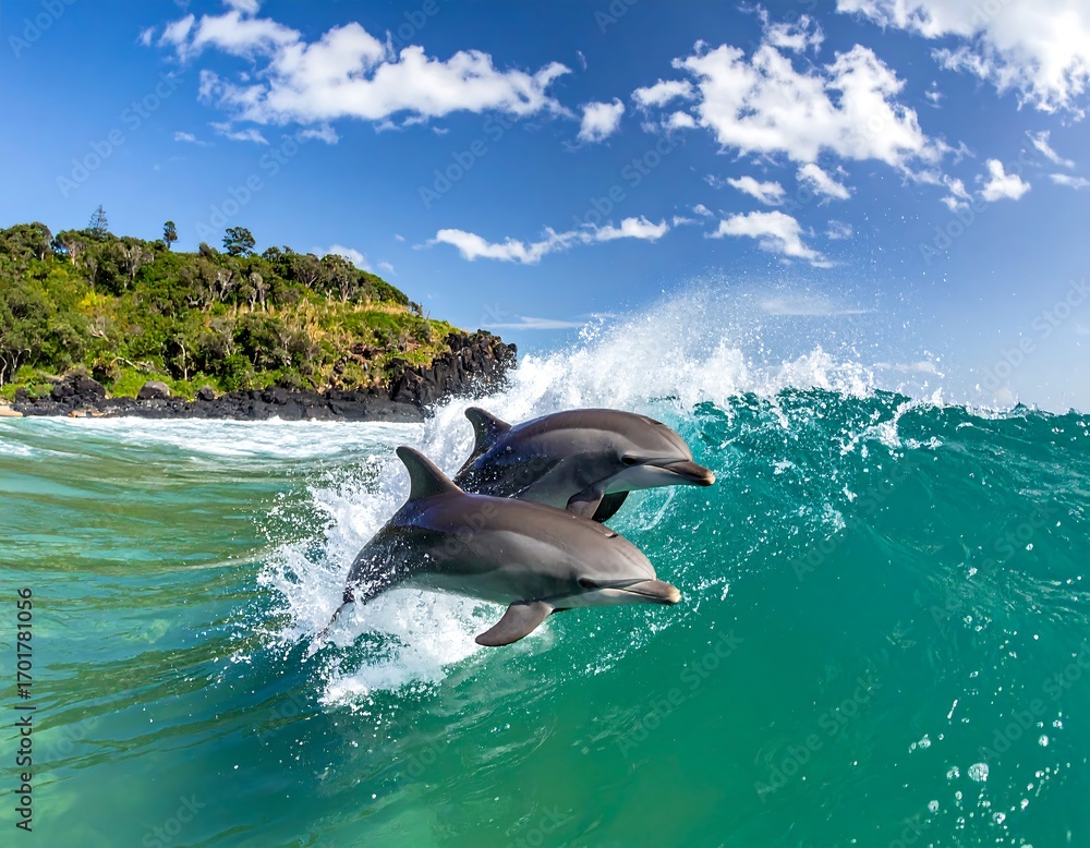 Fototapeta premium Two playful dolphins gracefully ride a wave, showcasing their agility in vibrant turquoise water.