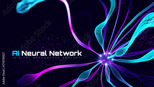Futuristic technology AI neural network transformation background with blue neon and pink glowing element. Vector illustration.