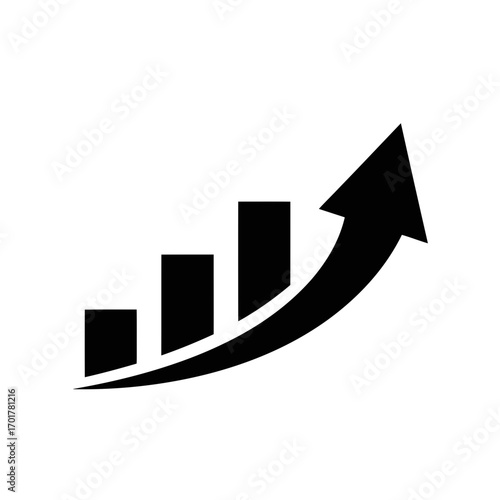 Vector art of a black icon representing a bar chart with an upward trending arrow, symbolizing growth and success