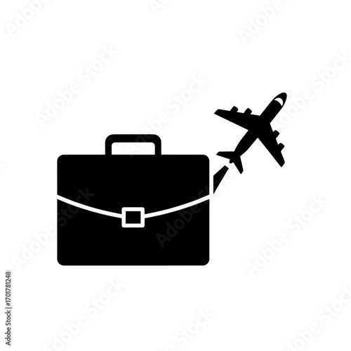 Vector art of a black icon of a briefcase with an airplane taking off from it, representing business travel or a journey