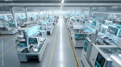 High-Tech Manufacturing Facility with Advanced Machinery and Digital Interfaces for Precision Engineering and Production