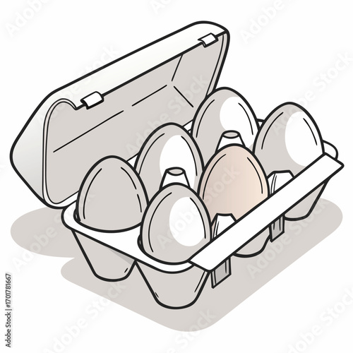 An open carton containing six eggs — five white and one light brown — with the brown egg positioned in the front row, second from the right.