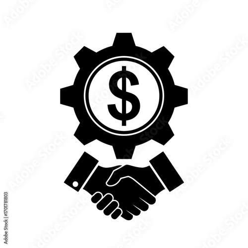 Vector art of black and white icon of a gear with a dollar sign inside, symbolizing financial success and partnership