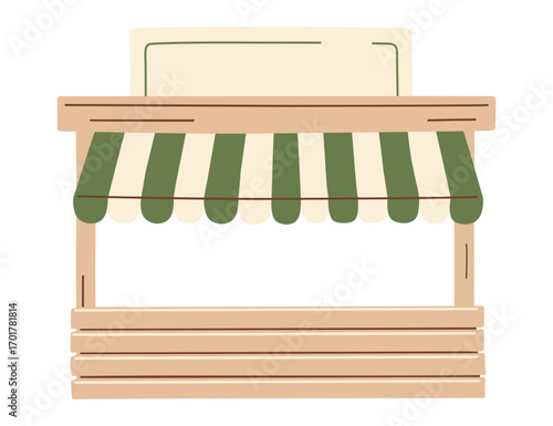 Market stall, wooden vendor stand with green striped awning, rustic farmers market booth, street food kiosk, craft fair shop, hand-drawn small business storefront design. Vector illustration.