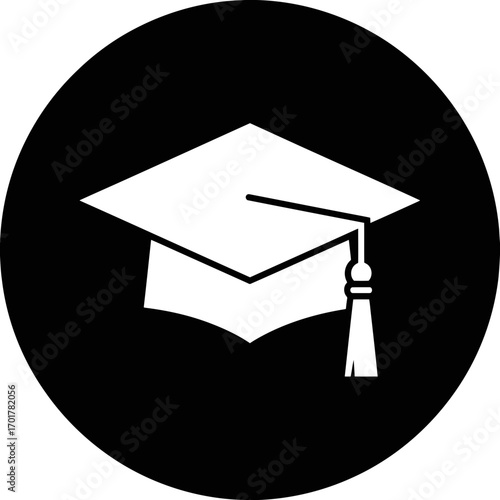 Vector art of a white graduation cap with a tassel on a black circular background, representing education and academic achievement