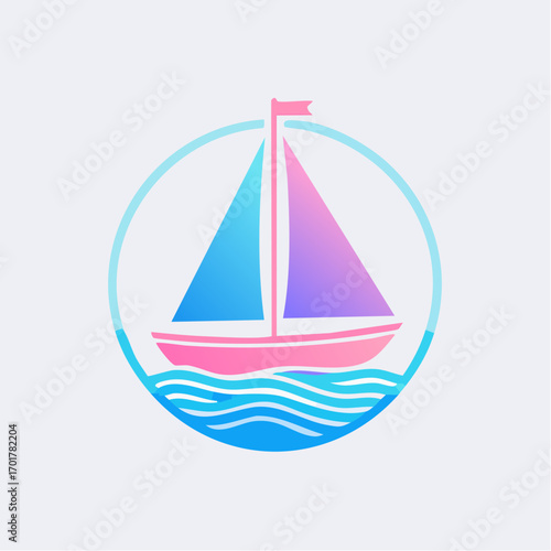 A Vibrant Coastal Emblem: Sailboat Illustration in a Circular Design, Ocean Themed.