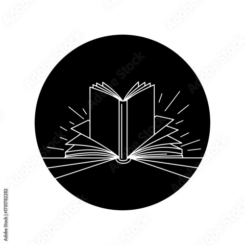 Vector art of open book with radiating lines symbolizing knowledge and imagination, isolated on a black circular background