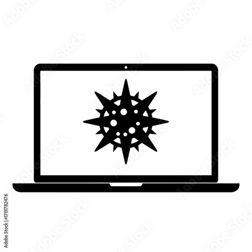 Vector art of black silhouette of a laptop computer displaying a virus icon on its screen