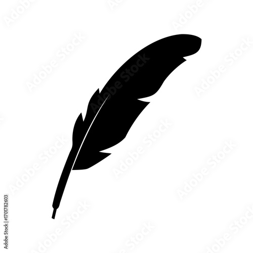 A simple and stylized black silhouette illustration of a traditional quill pen