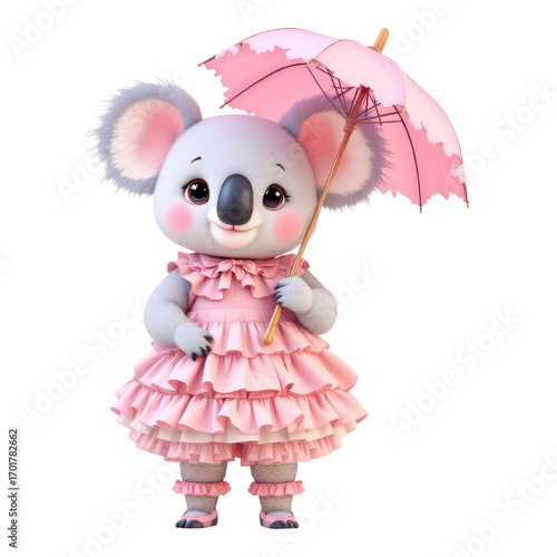 Adorable Koala Mascot in Pink Ruffled Dress Holding Umbrella.