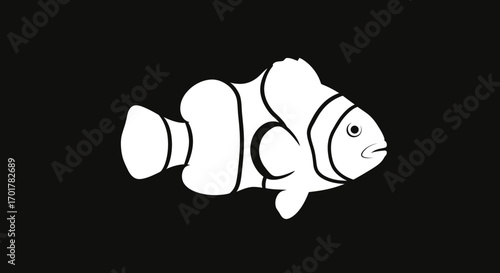 Clownfish illustration in black and white style.