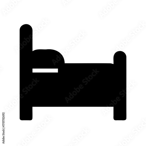 Stylized Black and White Icon of a Bed with Headboard and Pillow