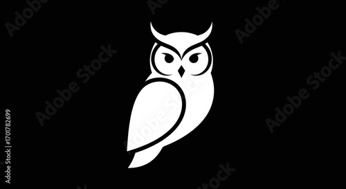 Stylized white owl with prominent eyes and sharp talons.