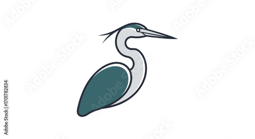 Elegant heron bird illustration with long beak and curved neck standing tall.