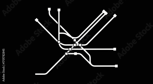 Abstract subway transit map design with interconnected lines and stations.