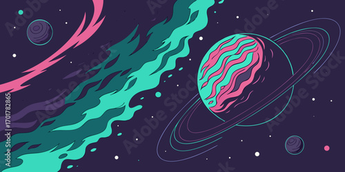 Vibrant cosmic nebula swirls around a majestic ringed planet, captivating abstract space exploration art for futuristic designs and scientific themes