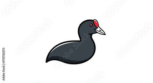 Stylized black coot bird with red shield illustration.