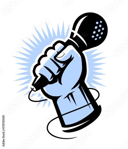 Hand holding microphone. Karaoke, song emblem. Podcast audio and music recording symbol