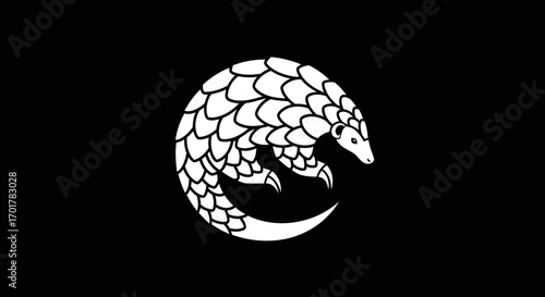 Stylized white pangolin curled into a circular shape.