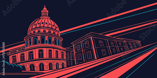 Striking architectural illustration of a government building with a prominent dome and linear design elements, evoking civic pride and modern aesthetics.