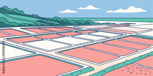 Vibrant geometric salt evaporation ponds create a picturesque and serene coastal landscape under a clear blue sky with fluffy clouds, evoking tranquility and natural beauty.