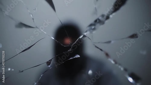 Blurred figure seen through cracked glass