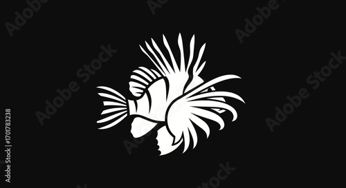 Lionfish illustration in white on a black background.