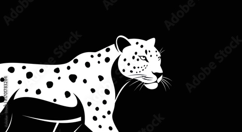 Elegant monochrome leopard illustration showcasing spotted fur and focused gaze.