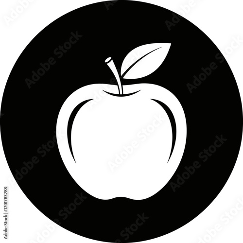 Vector art of white apple icon with a leaf inside a black circle on a
