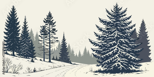 Serene winter forest scene with snow-covered pine trees and a winding path evoking tranquility and a sense of adventure for holiday and nature themes