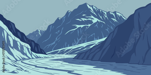Majestic frozen glacial valley carved by icy rivers, towering snow-capped mountains under a serene twilight sky, evoking cold adventure and natural grandeur