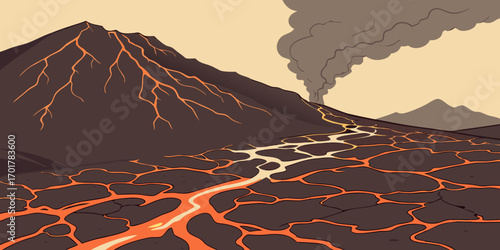 Dramatic volcano erupts spewing fiery lava flows down its slopes under a smoky sky creating a powerful natural spectacle of raw geological force and dynamic landscape transformation
