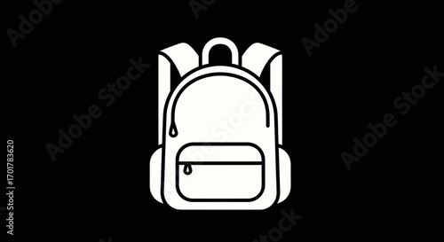 Simple white line art backpack icon on a black background.