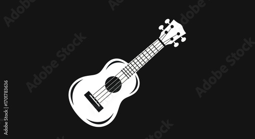 White ukulele musical instrument silhouette on black background graphic illustration.